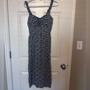 AUW Navy Blue Floral Midi Dress Ruffle Strap Sweetheart Neck Size M